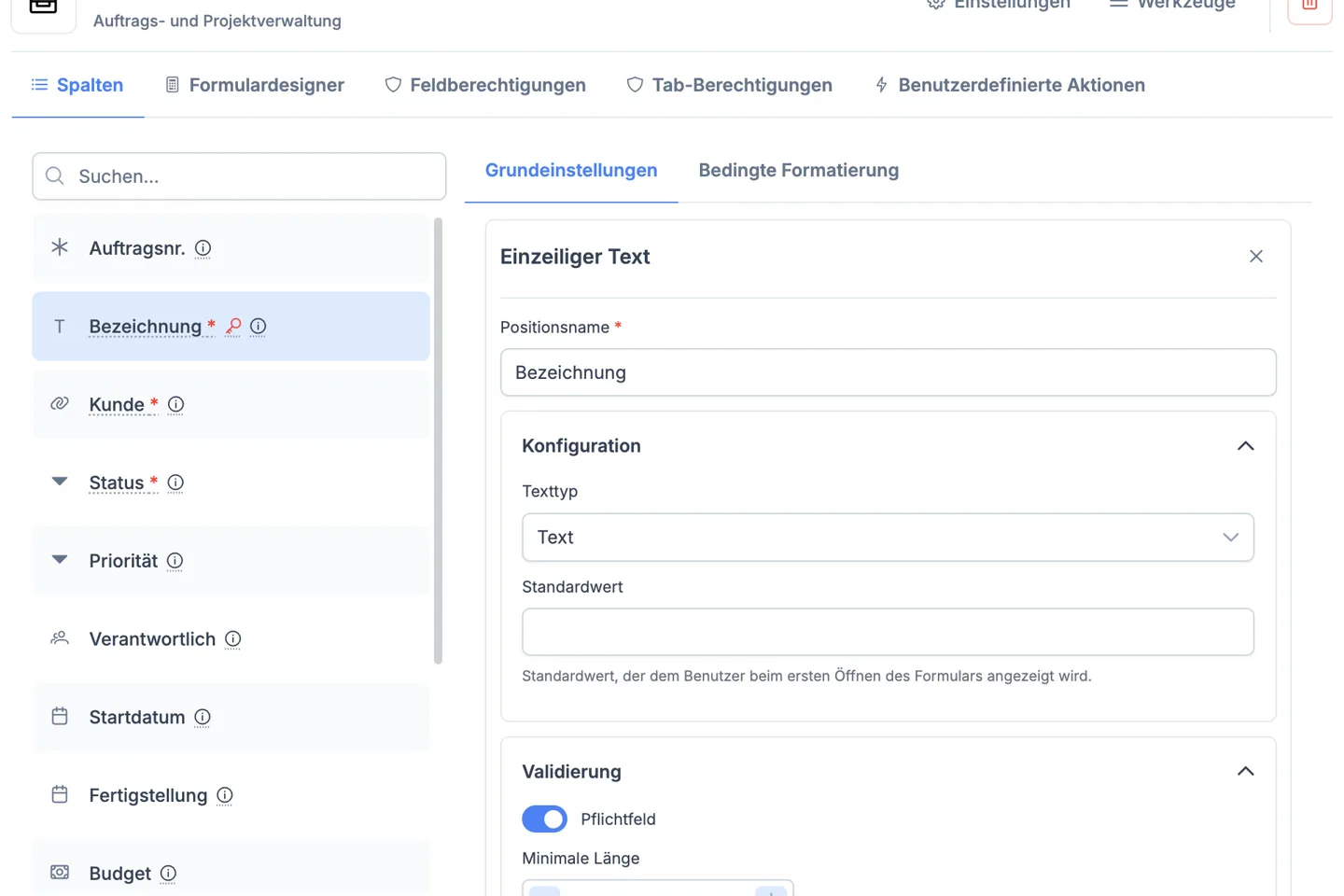 Portiny-App-Screenshot – visueller Modul- und Formular-Builder mit Drag-and-Drop-Editor